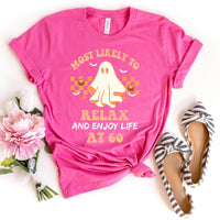 Chilling at 60 – Most Likely to Relax and Enjoy Life 60th Halloween Shirt - Bliss Birthday Shirts - Charity Pink - S