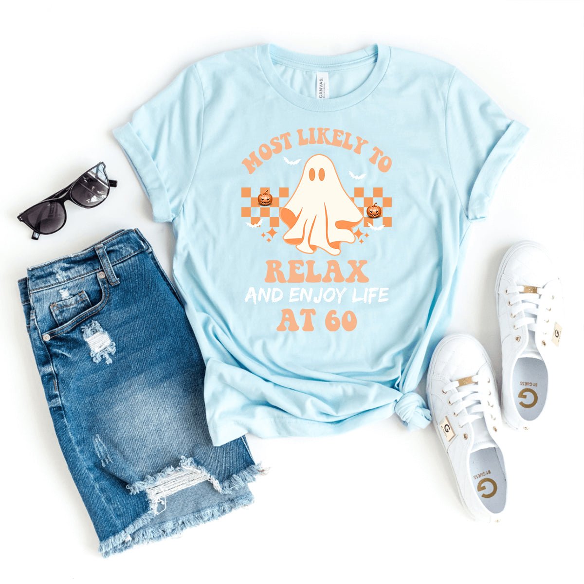 Chilling at 60 – Most Likely to Relax and Enjoy Life 60th Halloween Shirt - Bliss Birthday Shirts - Heather Ice Blue - S