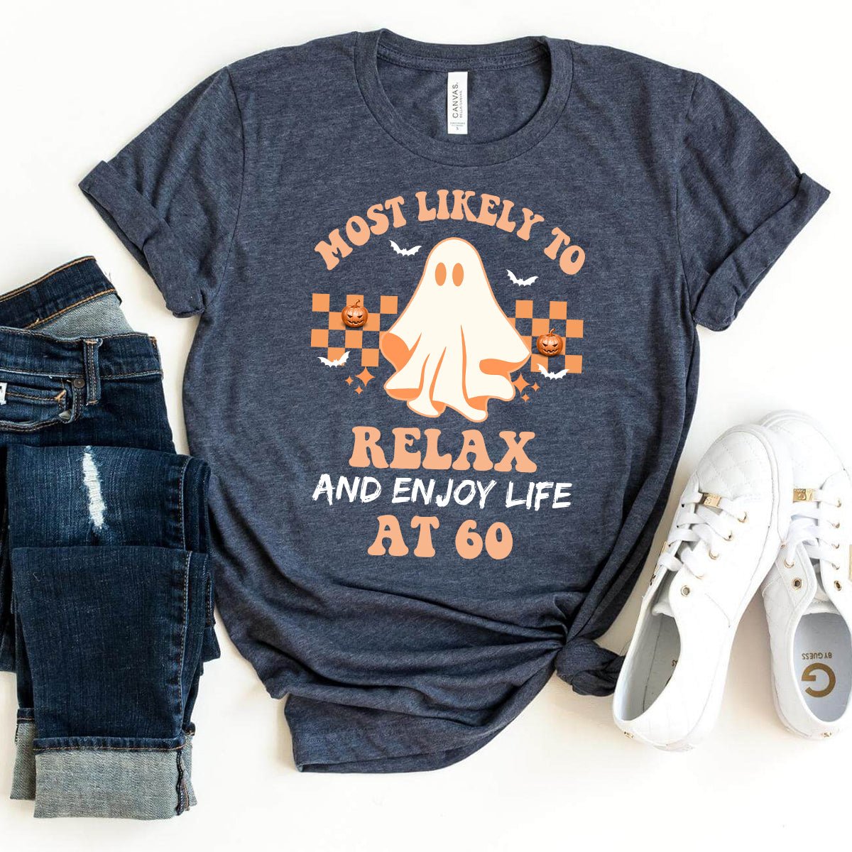 Chilling at 60 – Most Likely to Relax and Enjoy Life 60th Halloween Shirt - Bliss Birthday Shirts - Heather Navy - S