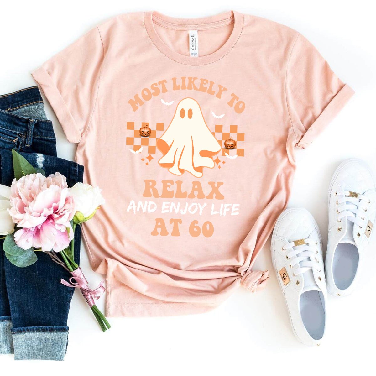 Chilling at 60 – Most Likely to Relax and Enjoy Life 60th Halloween Shirt - Bliss Birthday Shirts - Heather Peach - S