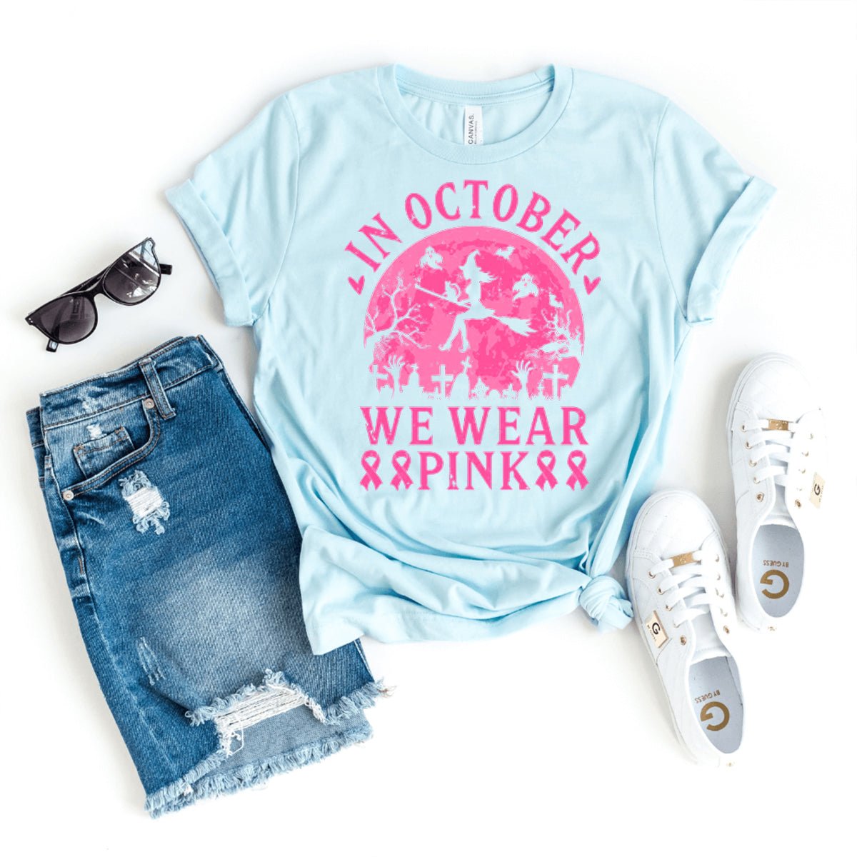 Classic In October We Wear Pink Shirt – Ideal October Awareness Tee - Bliss Birthday Shirts - Heather Ice Blue - S