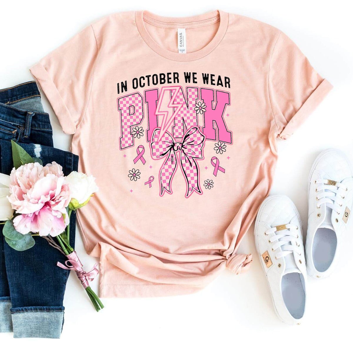 Creative In October We Wear Pink Shirt – Breast Cancer Awareness Tee - Bliss Birthday Shirts - Heather Peach - S