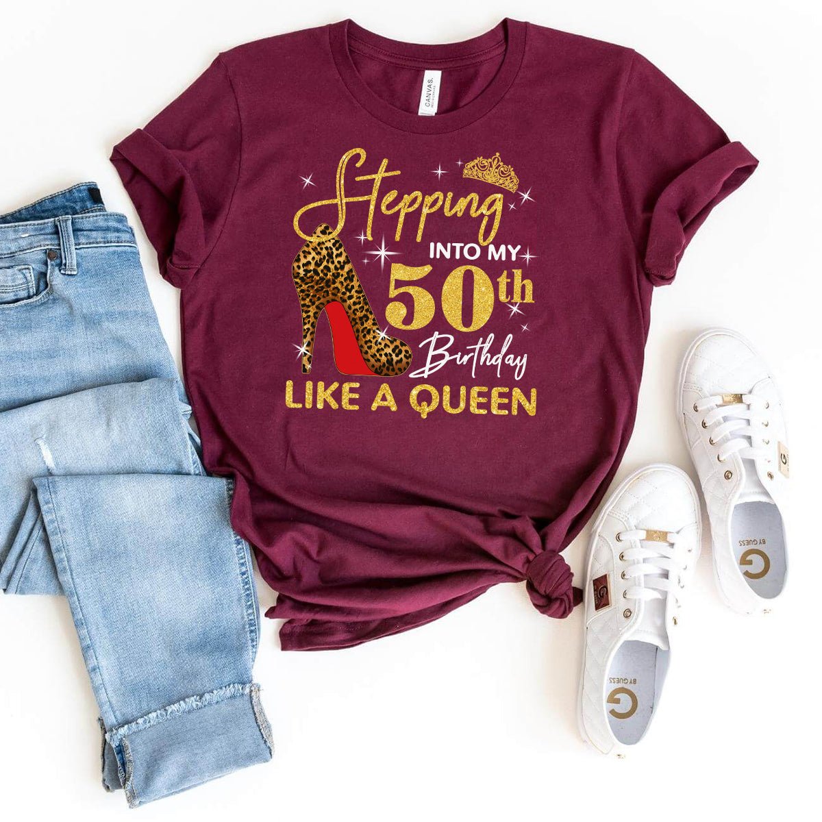 Custom Birthday Shirt: Stepping into My 50th Birthday Like a Queen - Bliss Birthday Shirts - Maroon - S