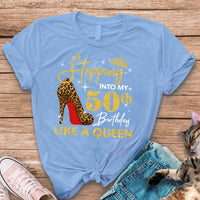 Custom Birthday Shirt: Stepping into My 50th Birthday Like a Queen - Bliss Birthday Shirts - S - Light Blue