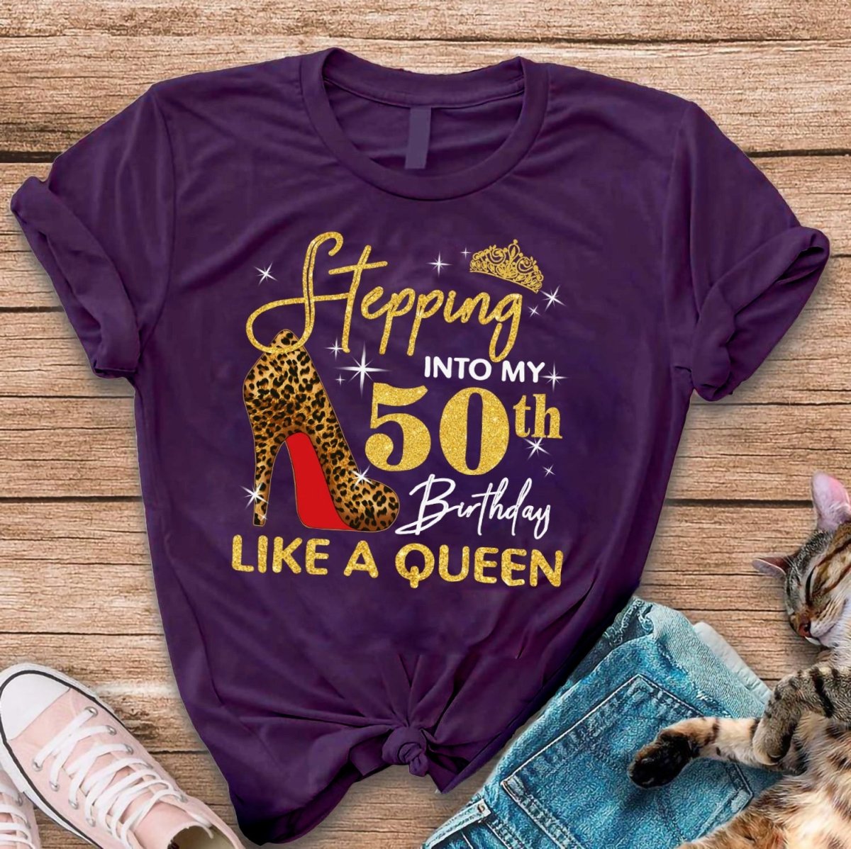 Custom Birthday Shirt: Stepping into My 50th Birthday Like a Queen - Bliss Birthday Shirts - S - Purple