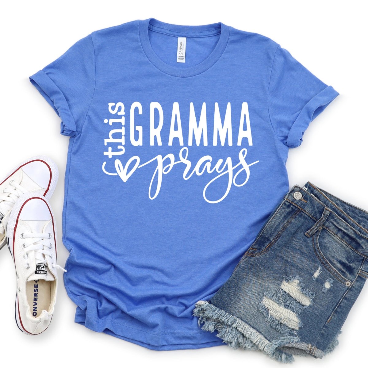 Custom Birthday Shirt - This Gramma Prays Womens T - Shirt - Bliss Birthday Shirts - Heather Columbia Blue - S