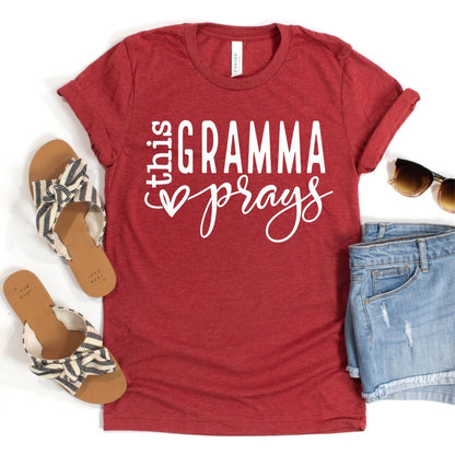 Custom Birthday Shirt - This Gramma Prays Womens T - Shirt - Bliss Birthday Shirts - Heather Red - S