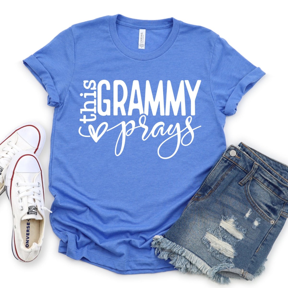 Custom Birthday Shirt - This Grammy Prays Womens T - Shirt - Bliss Birthday Shirts - Heather Columbia Blue - S