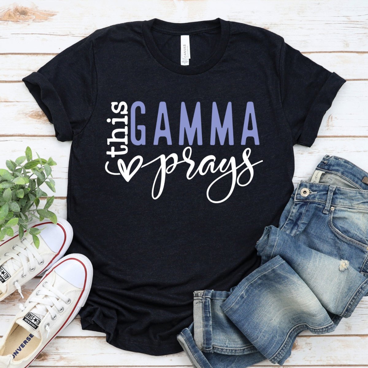 Custom Grandmother T Shirt - This Gamma Prays Womens Tee - Bliss Birthday Shirts - Black Heather - S