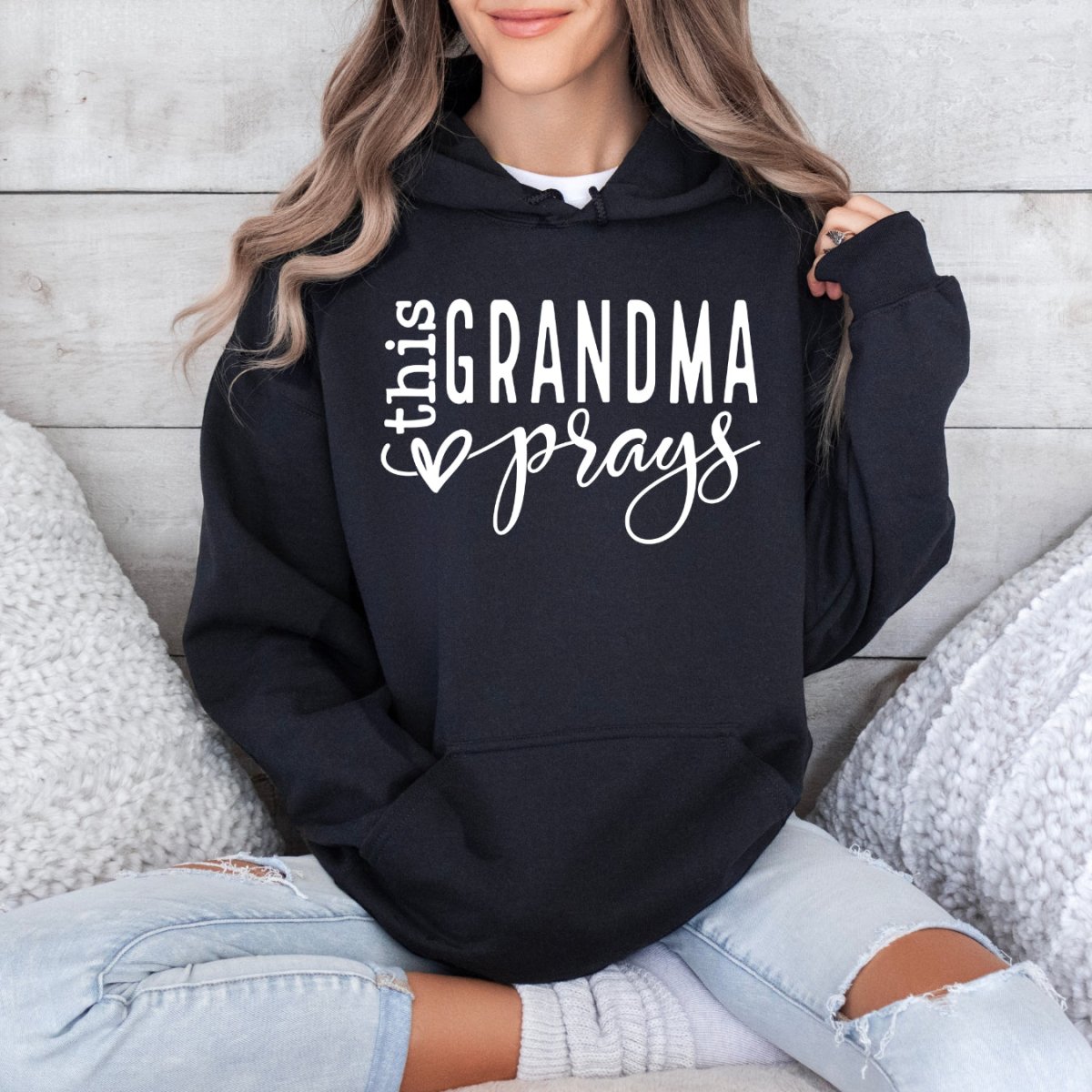 Custom Hoodie - This Grandma Prays Womens Birthday Sweatshirt - Bliss Birthday Shirts - Black - S