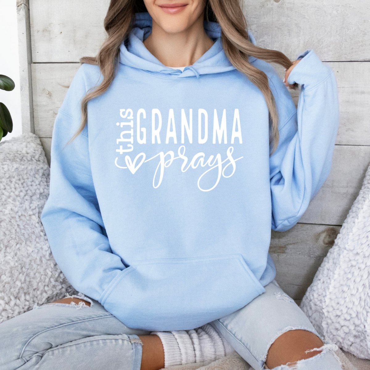 Custom Hoodie - This Grandma Prays Womens Birthday Sweatshirt - Bliss Birthday Shirts - Light Blue - S