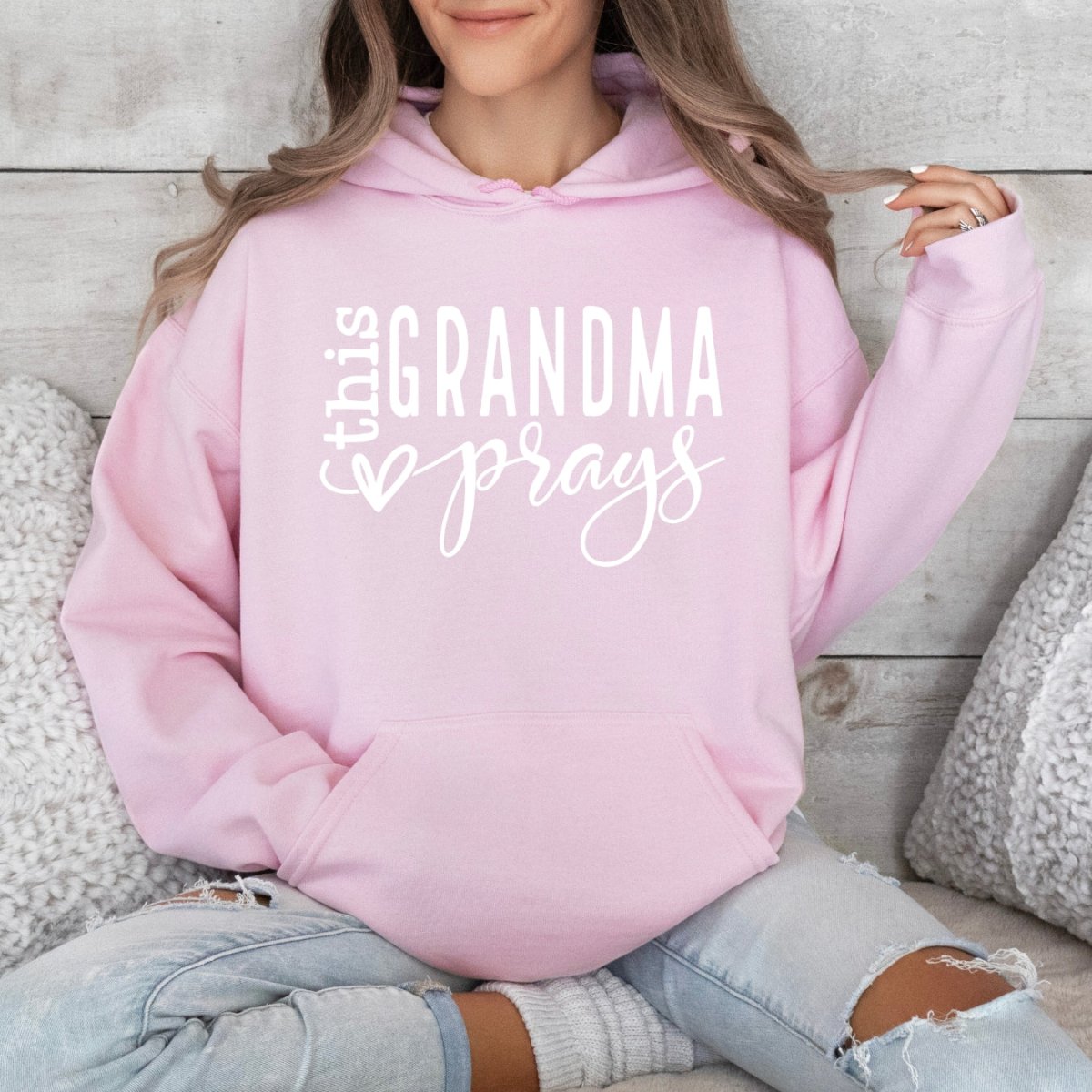 Custom Hoodie - This Grandma Prays Womens Birthday Sweatshirt - Bliss Birthday Shirts - Light Pink - S