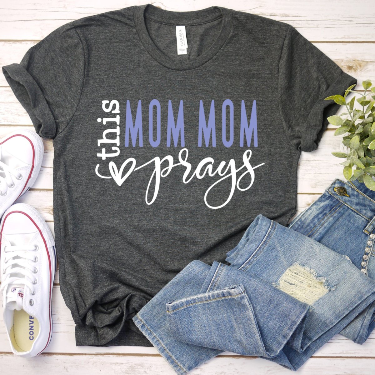 Custom T Shirt - This Mom Mom Prays Womens Birthday Top - Bliss Birthday Shirts - Dark Grey Heather - S