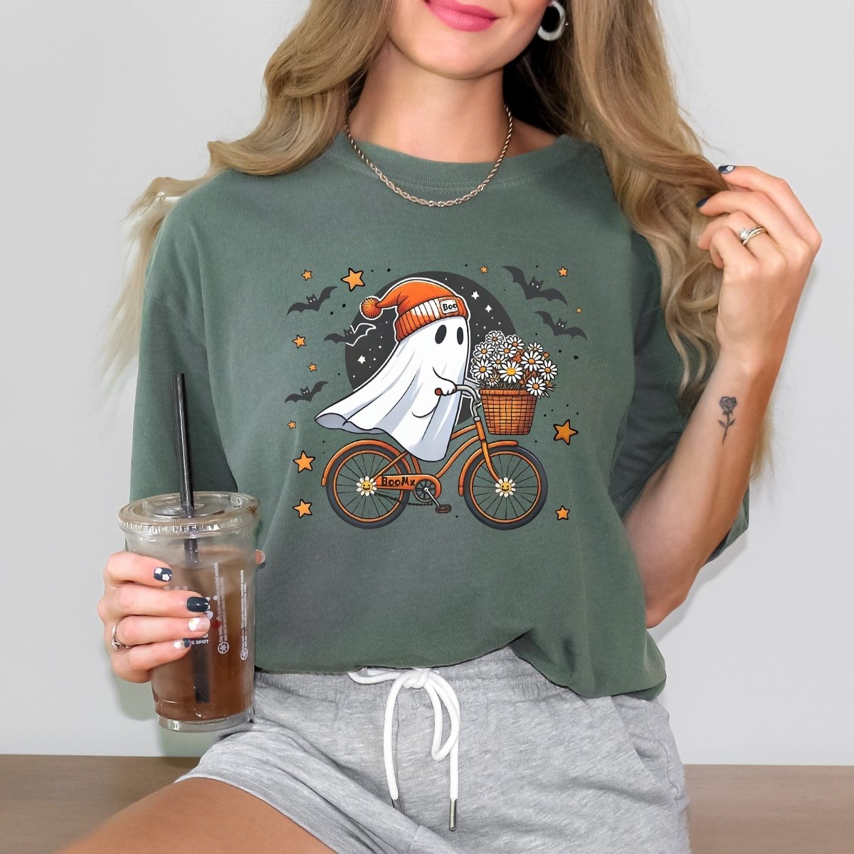 Cute Halloween Ghost Comfort Colors Shirt - Bliss Birthday Shirts - S - Moss