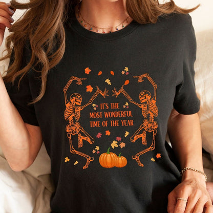 Dancing Skeletons pumpkins and autumn leaves Comfort Colors Shirt - Bliss Birthday Shirts - S - Black