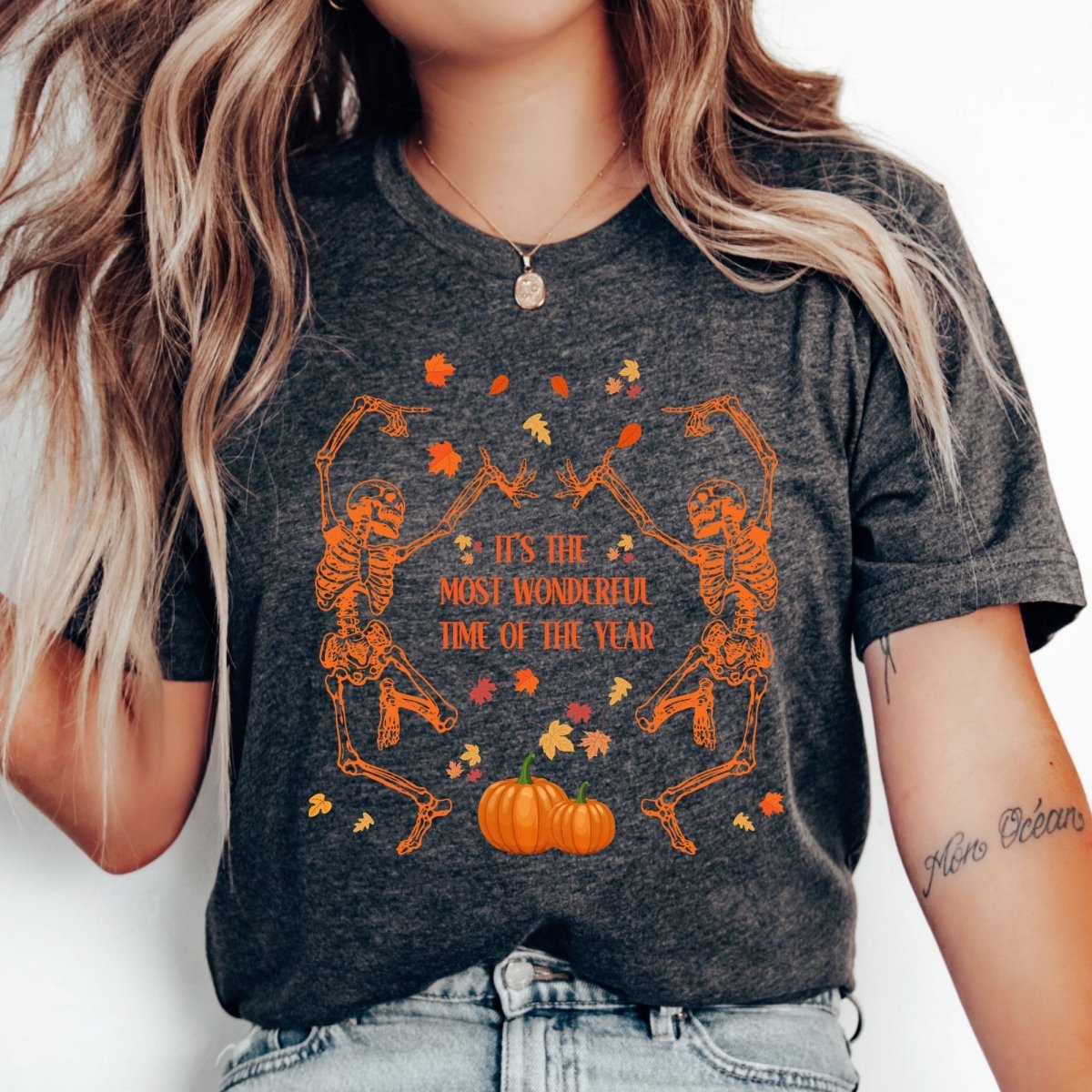 Dancing Skeletons pumpkins and autumn leaves Comfort Colors Shirt - Bliss Birthday Shirts - S - Heather Dark Grey