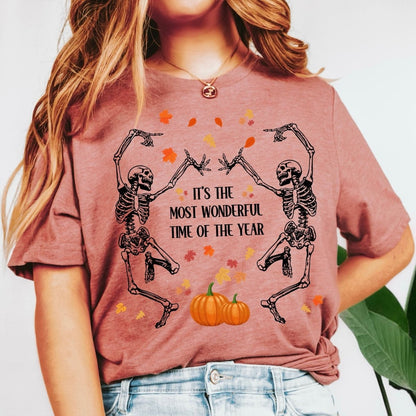 Dancing Skeletons pumpkins and autumn leaves Comfort Colors Shirt - Bliss Birthday Shirts - S - Heather Mauve