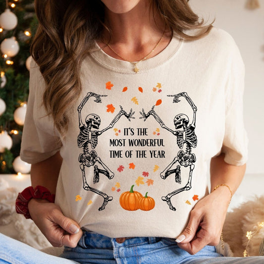 Dancing Skeletons pumpkins and autumn leaves Comfort Colors Shirt - Bliss Birthday Shirts - S - Heather Sand