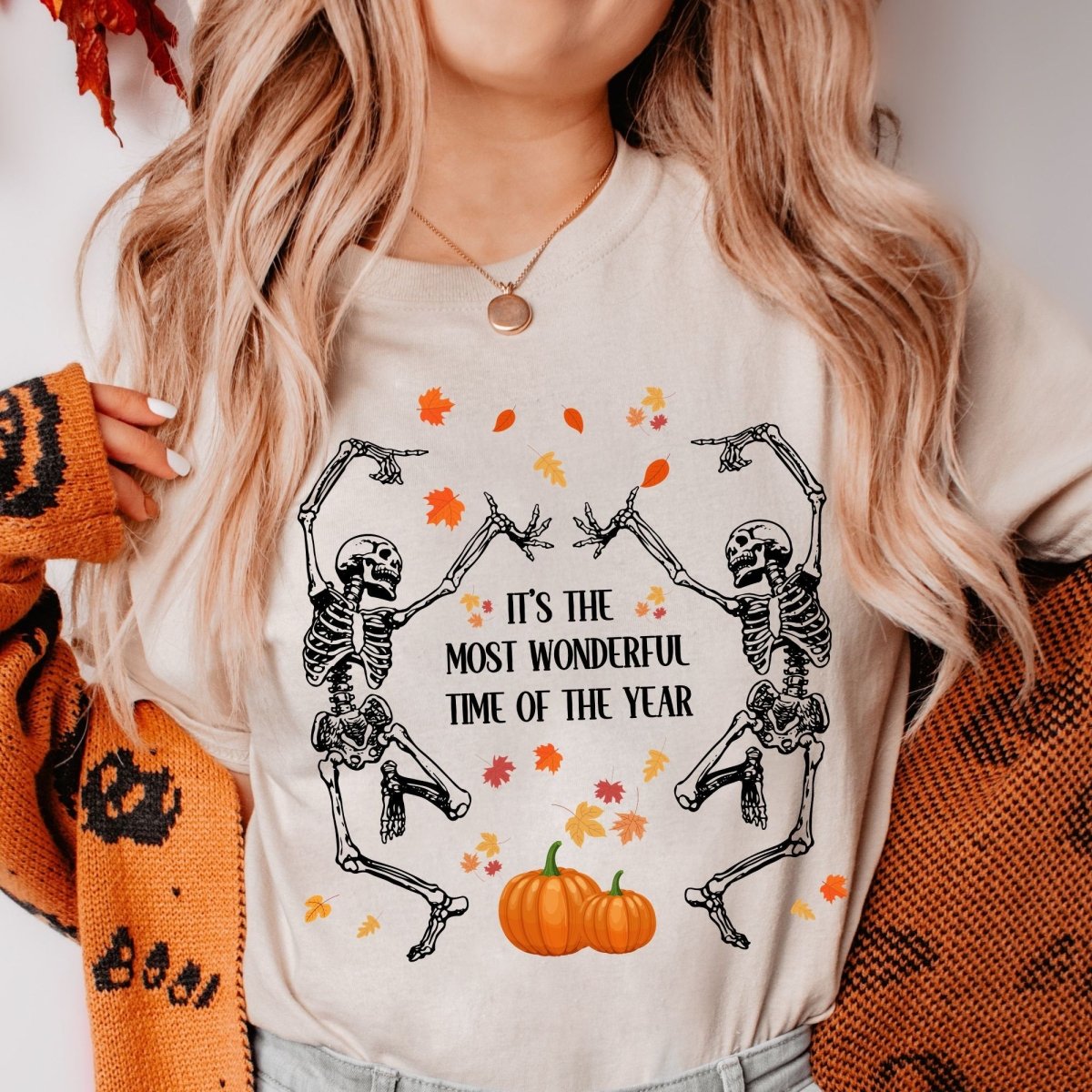 Dancing Skeletons pumpkins and autumn leaves Comfort Colors Shirt - Bliss Birthday Shirts - S - Heather Sand