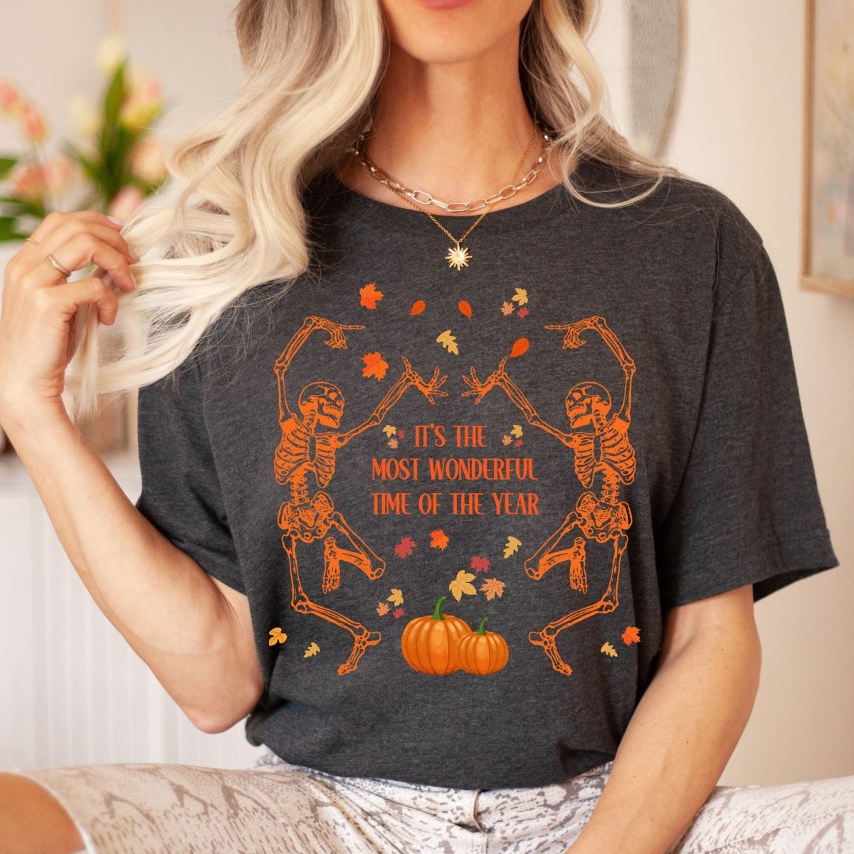 Dancing Skeletons pumpkins and autumn leaves Comfort Colors Shirt - Bliss Birthday Shirts - S - Heather Sand