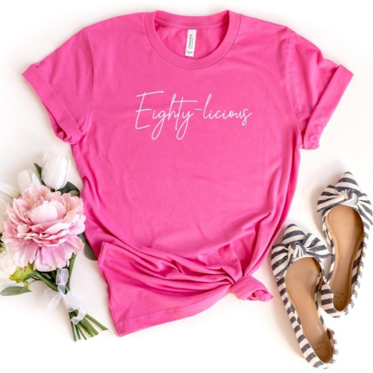 Eighty - licious Birthday Shirt - Fun 80th Birthday - Bliss Birthday Shirts - S - Charity Pink