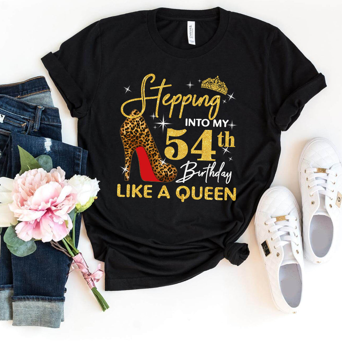 Exclusive Birthday Shirt: Stepping into My 54th Birthday Like a Queen - Bliss Birthday Shirts - S - Black