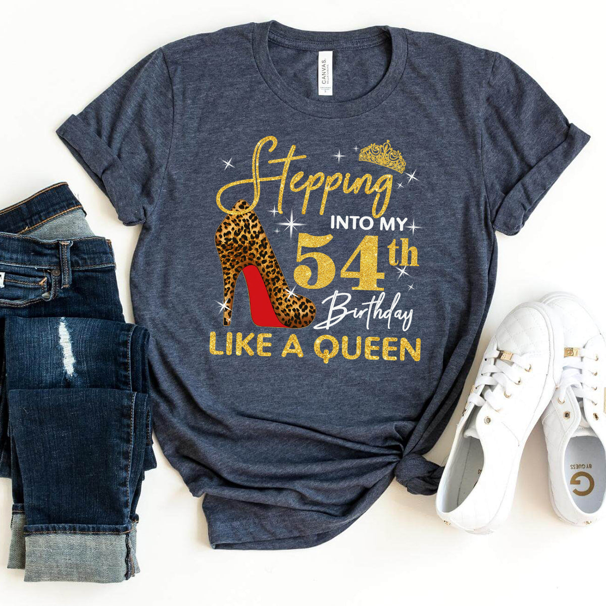 Exclusive Birthday Shirt: Stepping into My 54th Birthday Like a Queen - Bliss Birthday Shirts - S - Navy Blue