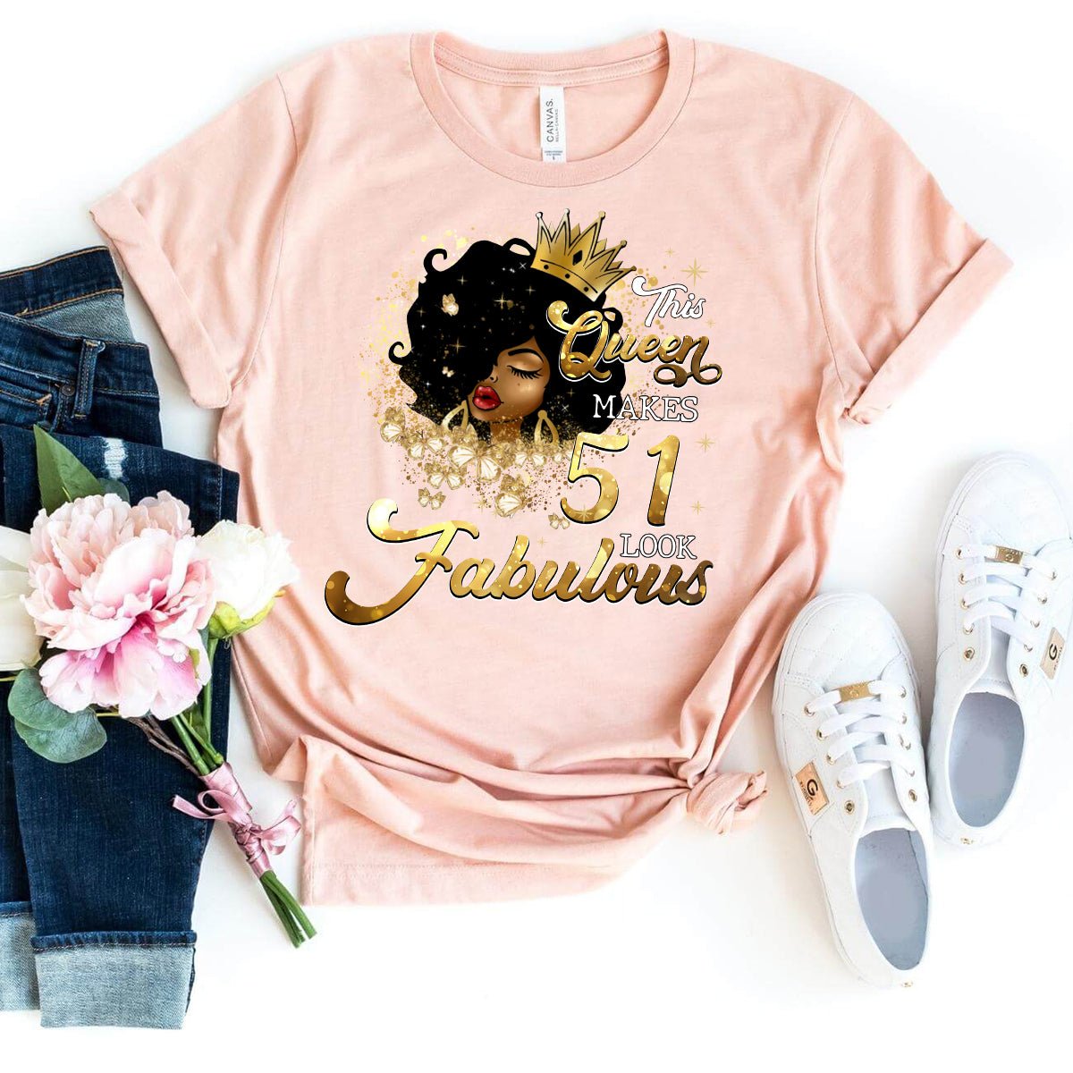 Fabulous 51st Birthday Shirts - Custom T-Shirt Designs for Queens - Bliss Birthday Shirts - Heather Peach - S