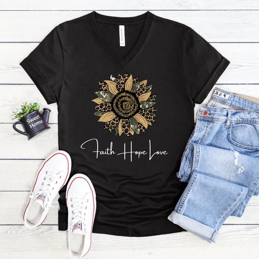 Faith Hope Love Womens V - Neck Shirt - Inspirational Valentine Tee - Bliss Birthday Shirts - Black - S