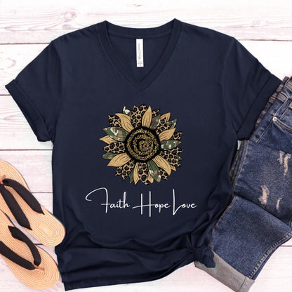 Faith Hope Love Womens V - Neck Shirt - Inspirational Valentine Tee - Bliss Birthday Shirts - Navy - S