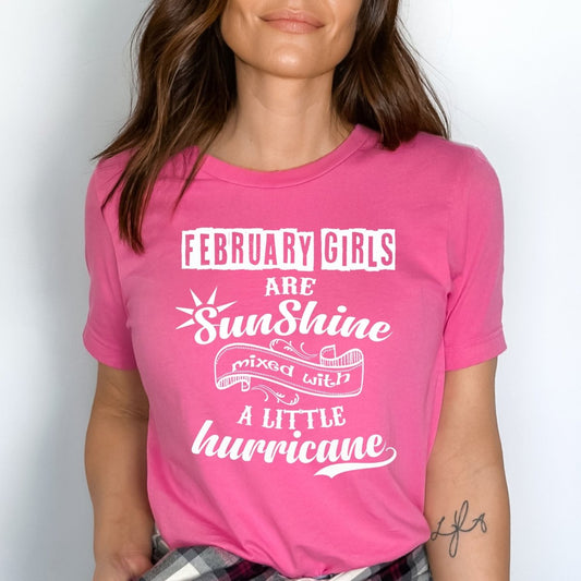 February Girls Are Sunshine Mixed with Little Hurricane - Birthday Shirt - Bliss Birthday Shirts - Small - Pink