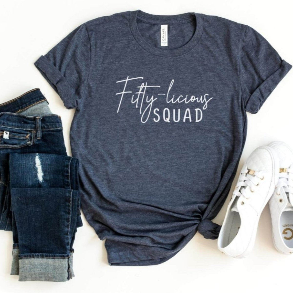 Fifty - licious SQUAD Birthday Shirt - Custom 50th Birthday T - Shirt - Bliss Birthday Shirts - S - Heather Navy