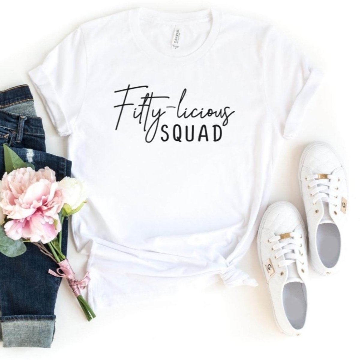 Fifty - licious SQUAD Birthday Shirt - Custom 50th Birthday T - Shirt - Bliss Birthday Shirts - S - White