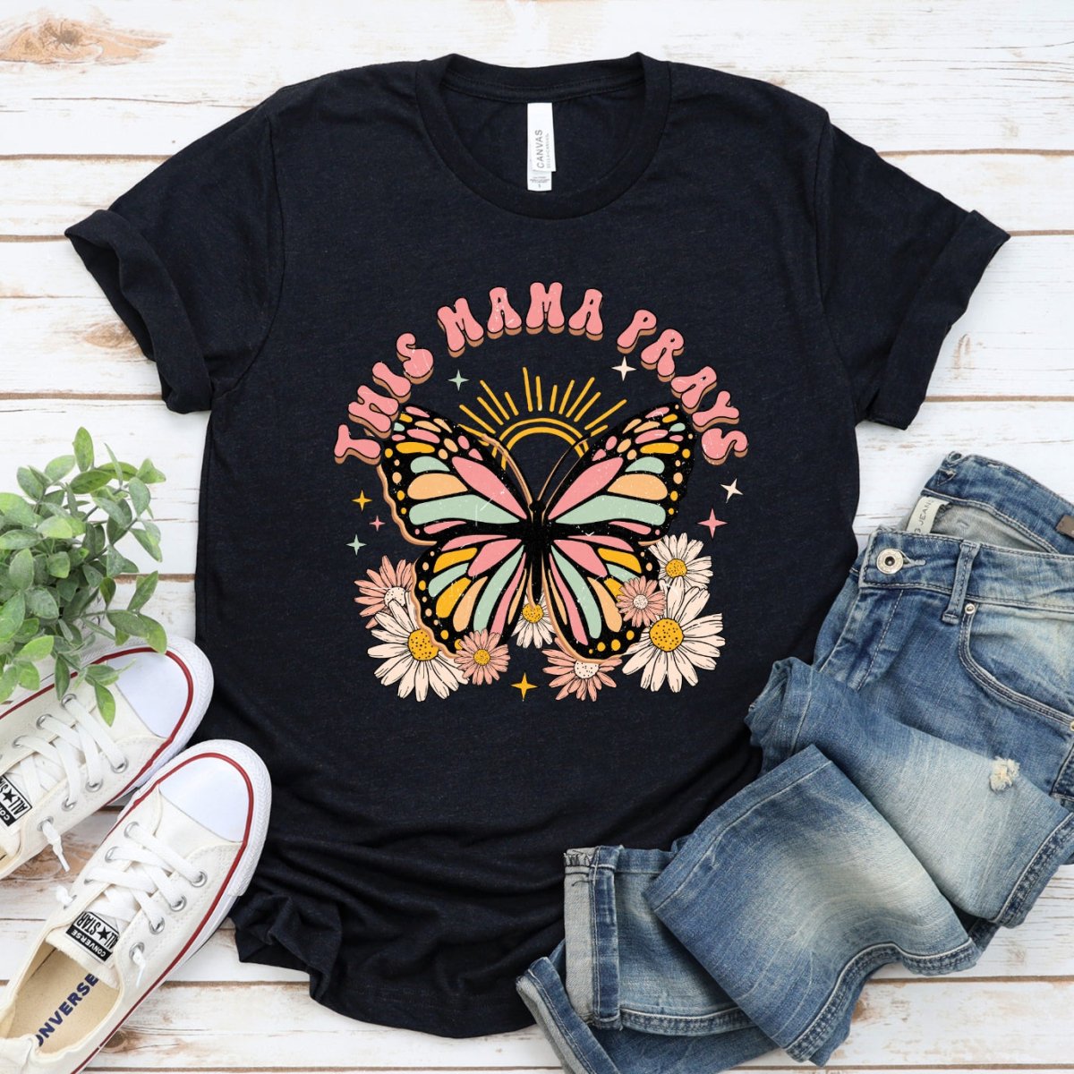 Floral Custom T Shirt - This Mama Prays Womens Birthday Top - Bliss Birthday Shirts - Black Heather - S