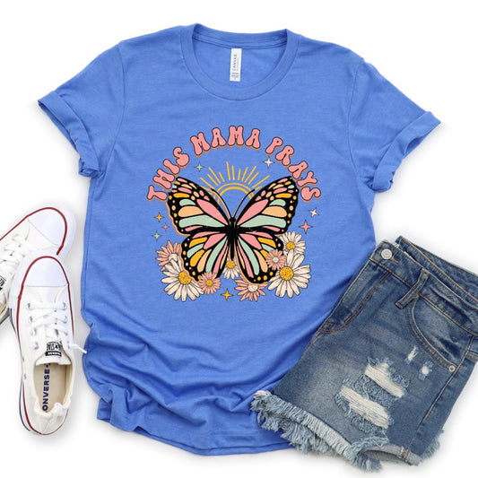 Floral Custom T Shirt - This Mama Prays Womens Birthday Top - Bliss Birthday Shirts - Heather True Royal - S