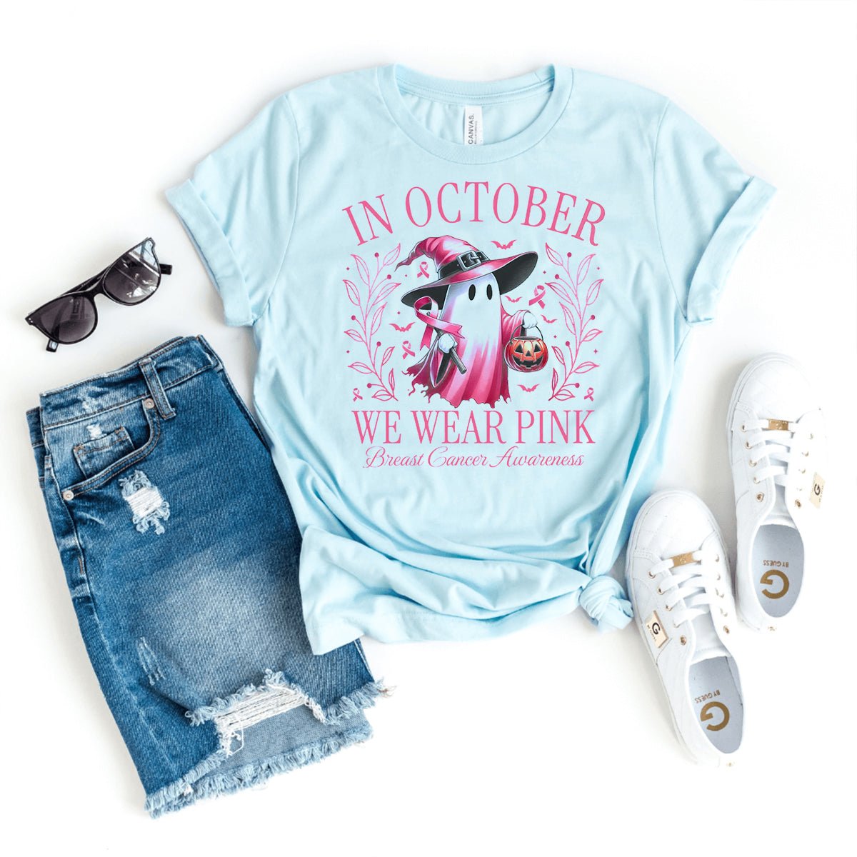 Fun In October We Wear Pink Ghost Shirt – Perfect for Halloween and Awareness - Bliss Birthday Shirts - Heather Ice Blue - S