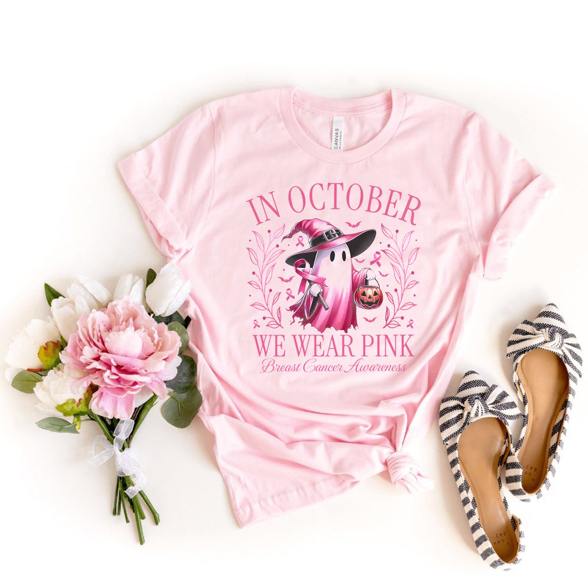 Fun In October We Wear Pink Ghost Shirt – Perfect for Halloween and Awareness - Bliss Birthday Shirts - Light Pink - S