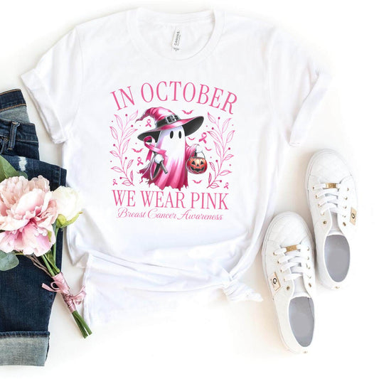 Fun In October We Wear Pink Ghost Shirt – Perfect for Halloween and Awareness - Bliss Birthday Shirts - White - S