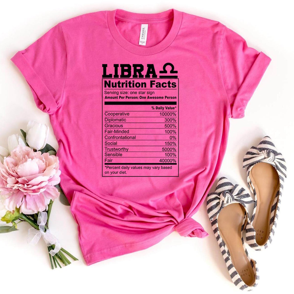 Fun Libra Nutrition Facts Shirt – Unique Zodiac Birthday Gift - Bliss Birthday Shirts - Charity Pink - S