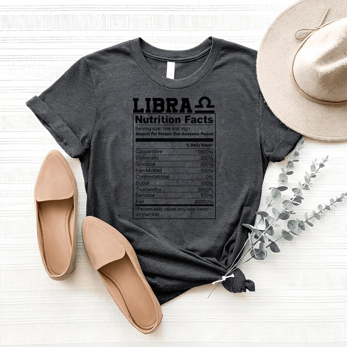 Fun Libra Nutrition Facts Shirt – Unique Zodiac Birthday Gift - Bliss Birthday Shirts - Heather Dark Grey - S