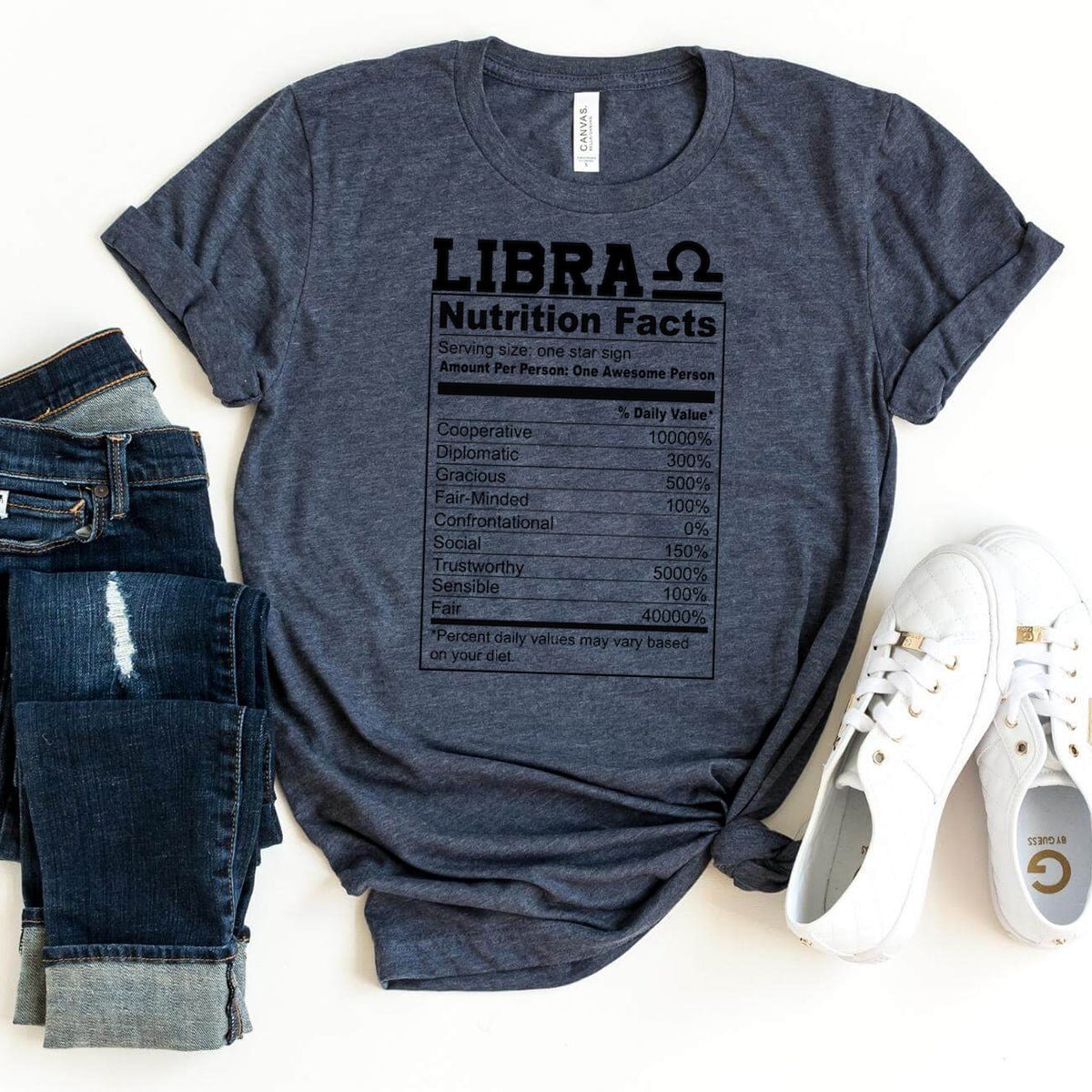 Fun Libra Nutrition Facts Shirt – Unique Zodiac Birthday Gift - Bliss Birthday Shirts - Heather Navy - S