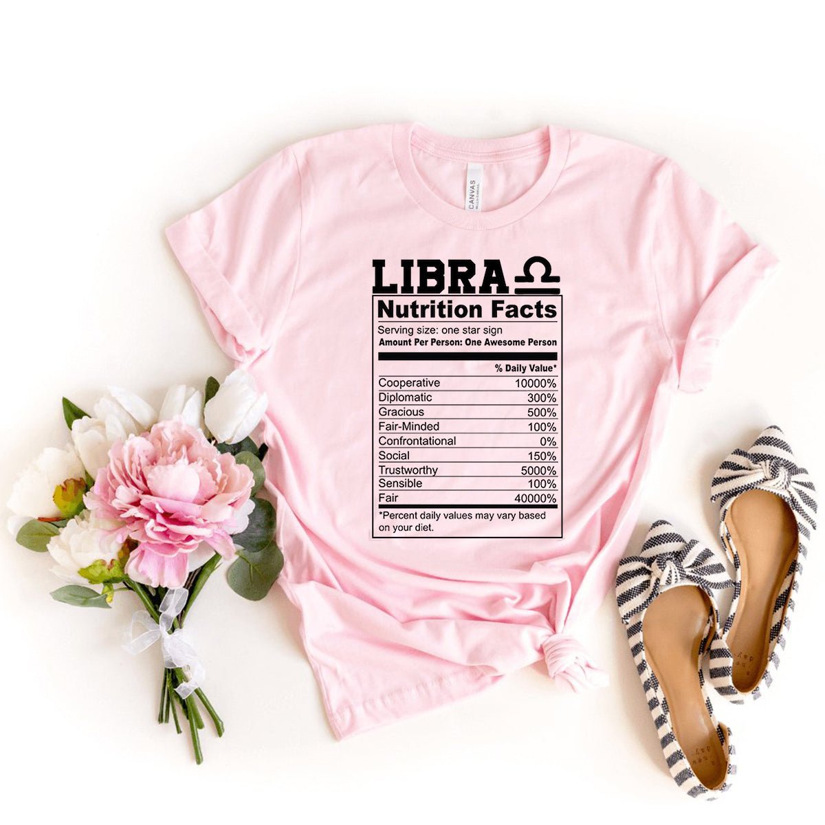 Fun Libra Nutrition Facts Shirt – Unique Zodiac Birthday Gift - Bliss Birthday Shirts - Light Pink - S