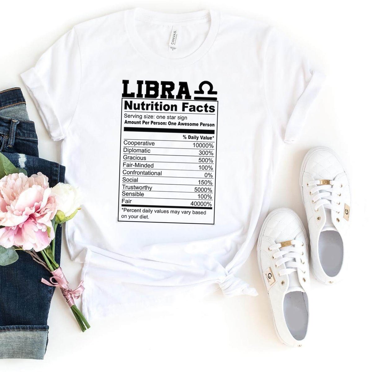 Fun Libra Nutrition Facts Shirt – Unique Zodiac Birthday Gift - Bliss Birthday Shirts - White - S