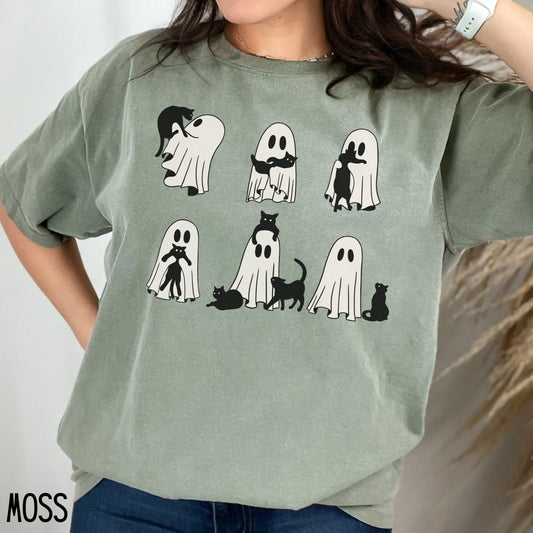 Ghost Cat Shirt, Halloween Cat Comfort Colors T-shirt - Bliss Birthday Shirts - S - Moss