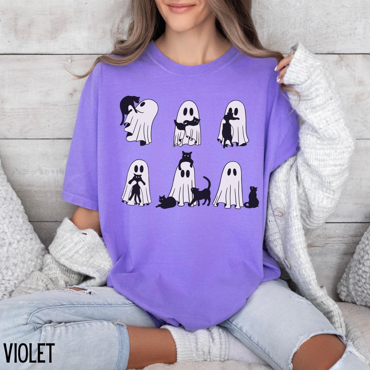 Ghost Cat Shirt, Halloween Cat Comfort Colors T-shirt - Bliss Birthday Shirts - S - Violet