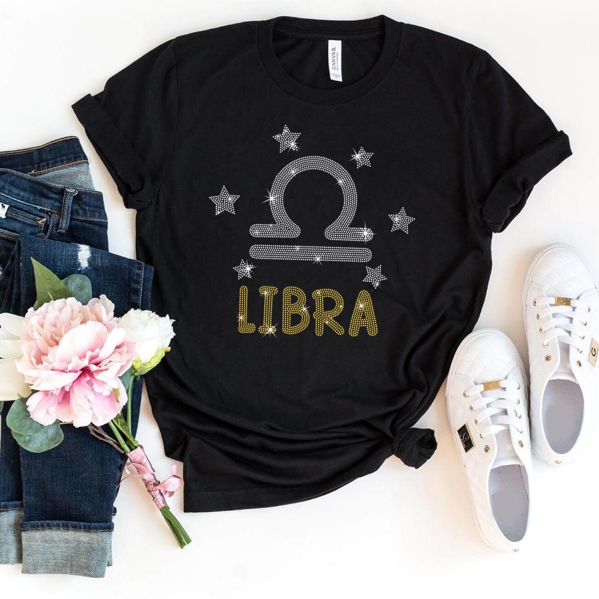 Glittering Libra Birthday Shirt – Rhinestone Zodiac T-Shirt - Bliss Birthday Shirts - Black - S