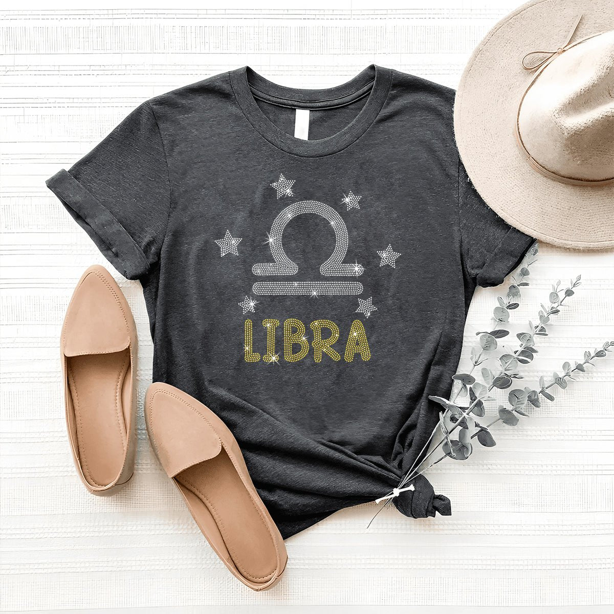 Glittering Libra Birthday Shirt – Rhinestone Zodiac T-Shirt - Bliss Birthday Shirts - Heather Dark Grey - S