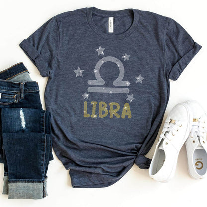 Glittering Libra Birthday Shirt – Rhinestone Zodiac T-Shirt - Bliss Birthday Shirts - Heather Navy - S