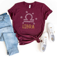 Glittering Libra Birthday Shirt – Rhinestone Zodiac T-Shirt - Bliss Birthday Shirts - Maroon - S