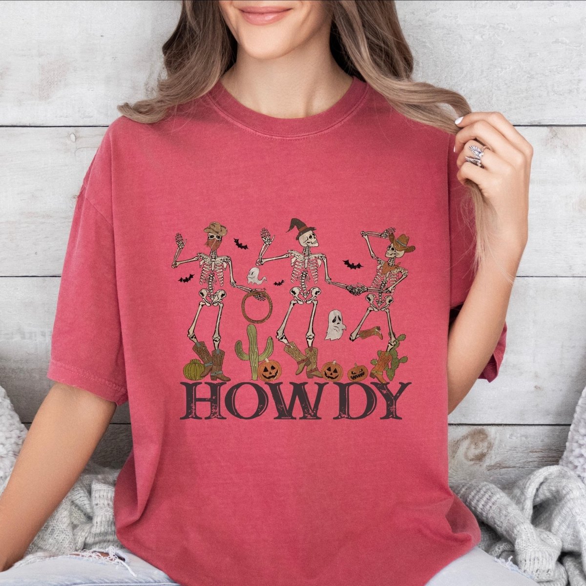 Halloween Comfort Colors T-Shirt Howdy Design Spooky Funny Cowboy Skeleton Halloween Party Outfit  - Bliss Birthday Shirts - Watermelon - S